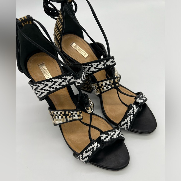 Schutz Woven Raffia Block Heel Lace-Up Strappy Sandals Black/White Sz 7 - Picture 13 of 16